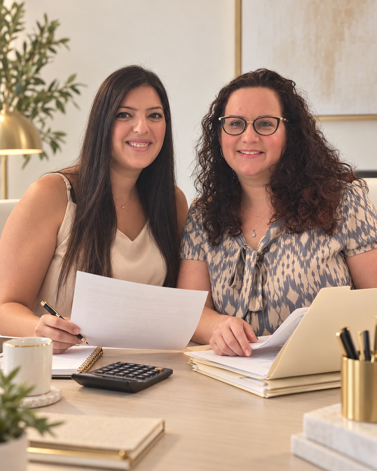 סרנגה ושומן עוברות על מסמכים בפגישת עבודה במשרד